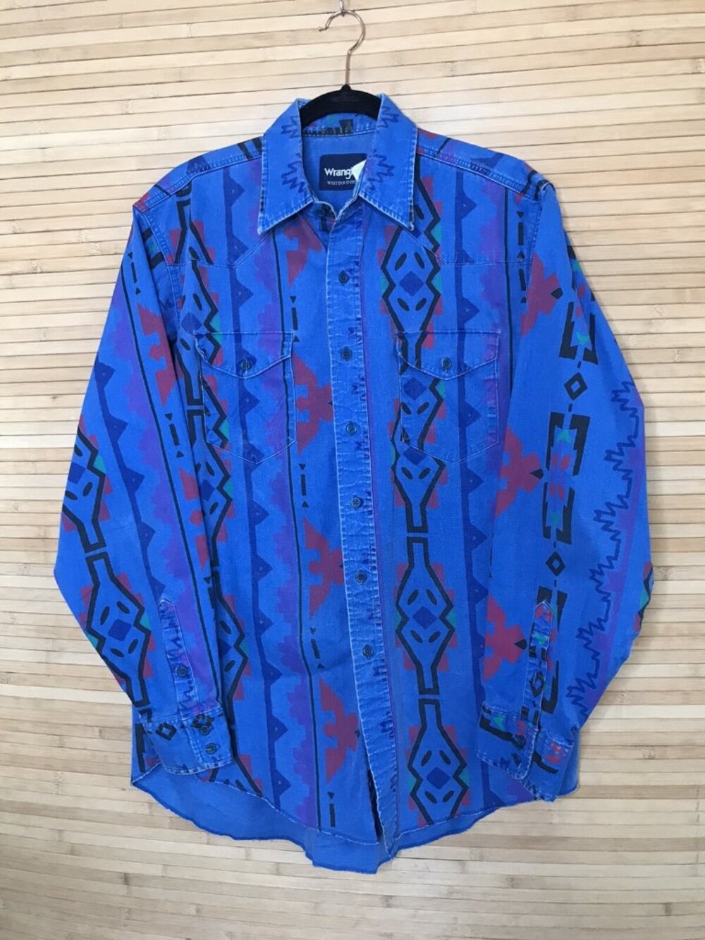 Vtg Wrangler Brushpopper Shirt Large Blue Aztec Rodeo Cowboy Western Checotah